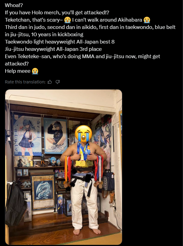 RimaEvenstar's tweet photo. A user reports that the alleged leader of the Hololive anti Hololive Discord group recently exposed is planning to target people carrying Hololive merch in Tokyo.

User warns people to seek staff help, and contact the police if you are followed.

He and associates are also being discussed as possible suspects in the recent Suisei live incident where fans’ goods and ita bags were trampled.

In response, fit Hololive fans are jokingly posting selfies with their merch and martial art medals with captions like “Ehh?! they’re going to attack me?...Violence is Terrible" and " Send help” and the support has been tremendous.
This community is so cool.