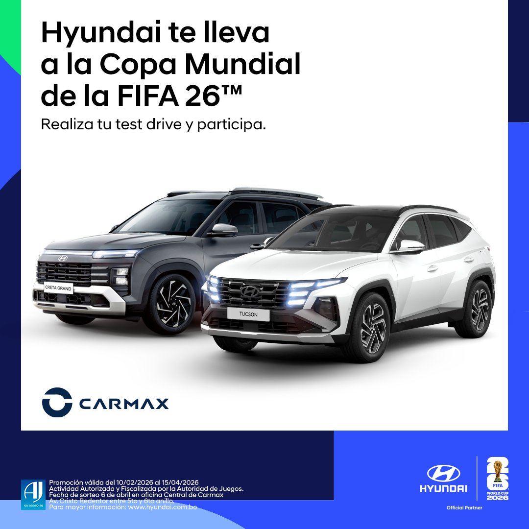 Opinion_Bolivia's tweet photo. Con solo realizar un Test Drive Hyundai puedes participar en la Promoción Empresarial “Hyundai te lleva a la Copa Mundial FIFA 2026” y gana 2 entradas para el Mundial!

Términos y condiciones en 👉 https://t.co/CigF66QznX

#HyundaiBolivia #TestDriveHyundai https://t.co/sARFZLtHZU