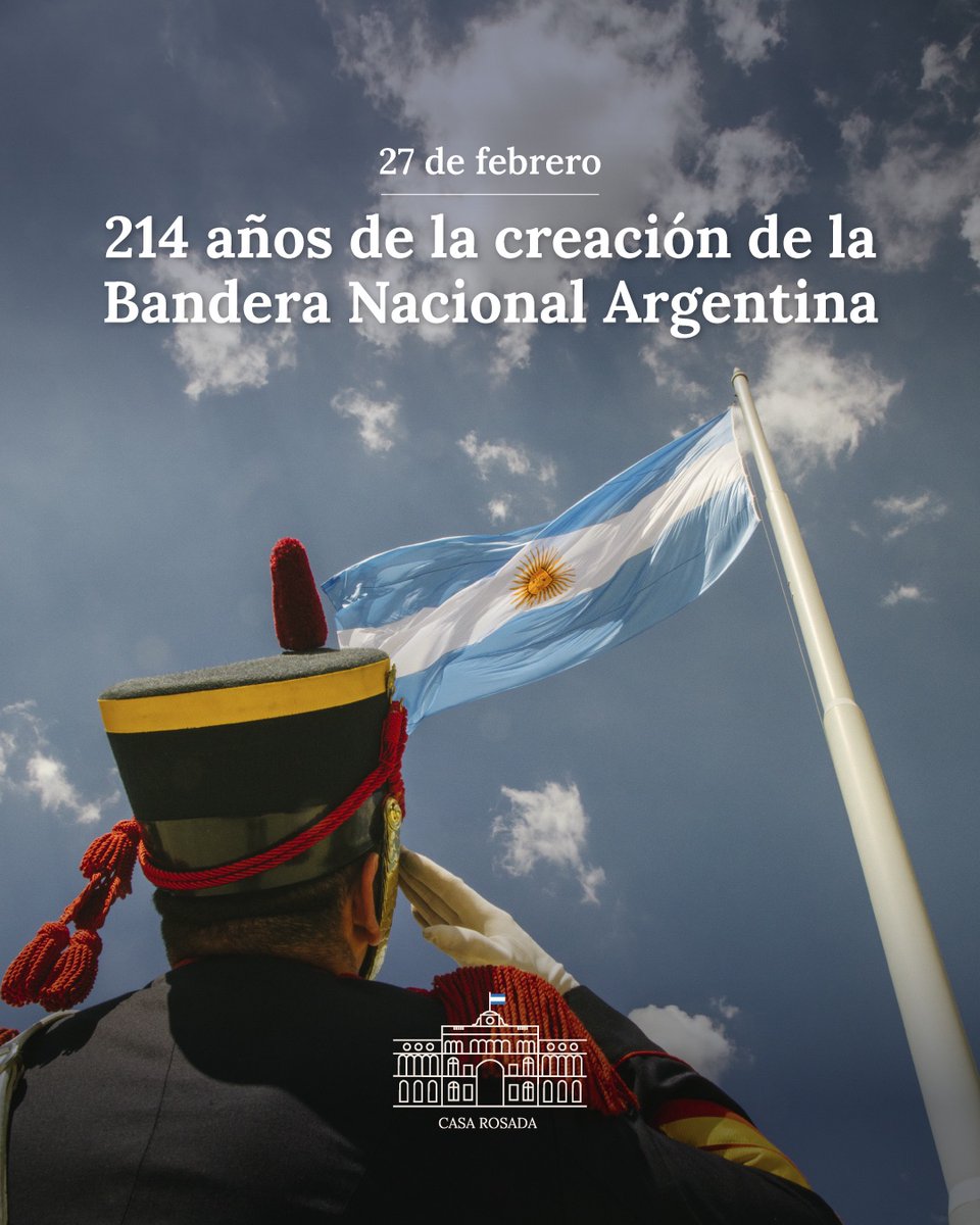 Este 27 de febrero conmemoramos los 214 años de la creación de la Bandera Nacional Argentina, concebida por Manuel Belgrano como juramento sagrado de libertad y llamado irrevocable a la grandeza. Bajo sus colores celeste y blanco se conquistó la independencia.

La Bandera nos