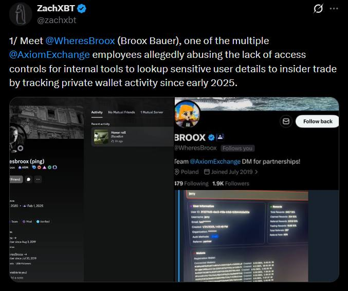 Leon_Defi's tweet photo. ZachXBT finally released a report exposing @AxiomExchange about internal transactions. 

But the closer I watch, the more suspicious the drama this time is.

He was paid to make a report. Instead of posting directly like every time, @zachxbt deliberately let the drama smolder for days, making up a long story to hype strongly.

As a result:

> The @Polymarket "Which project will be exposed by Zach" exploded with a volume of nearly 38M$ an unprecedented huge number

> A single wallet with a profit of more than 400k$, the total profit of the front-run group is estimated to be over 1M$

As for the exposed Axiom employee @WheresBroox, the actual PNL is only 200k$. Thousands of other people lost their money because of the wrong bet due to excessive hype.

I think ZachXBT is not only paid directly but also receives huge indirect benefits from huge attention and volume.