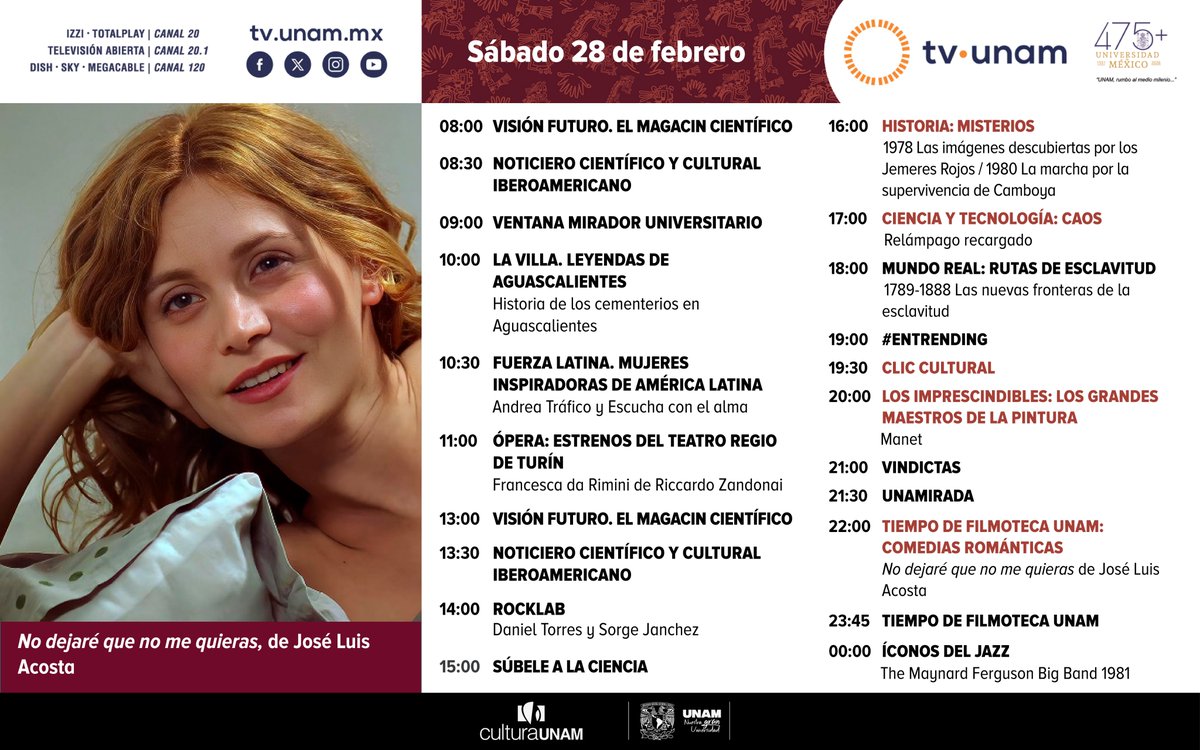 tvunam's tweet photo. ✨😍¿Quieres tener un #felizsábado? Aquí nuestras recomendaciones: ópera🎻, #RockLab🤘, #Historia🎥, #Caos🌩️, #RutasDeEsclavitud⛓️, #EnTrending🎙️, #ClicCultural✨, #LosImprescindibles🎨, #Vindictas, #UNAMirada👁️ y #TiempodeFilmotecaUNAM🎥. https://t.co/OkSa2zUuys