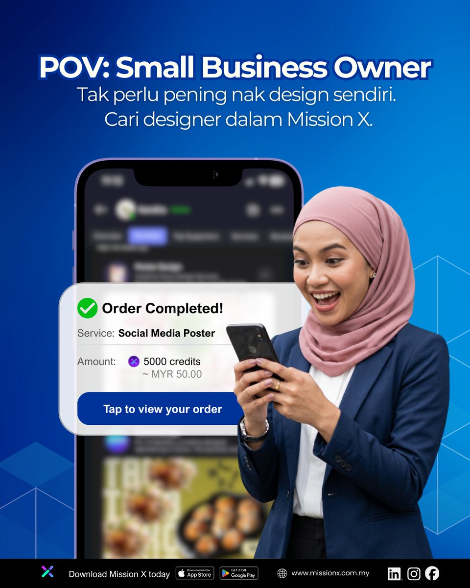 MissionXMy's tweet photo. Tak payah pening fikir poster, logo, content…
Cari je designer dalam Mission X.

✔️ Tengok portfolio dulu
✔️ Chat terus dalam app
✔️ Bayar selamat guna credits
✔️ Siap, terus dapat notification

Semudah tap, order, settle. https://t.co/oGifZq7pHg
