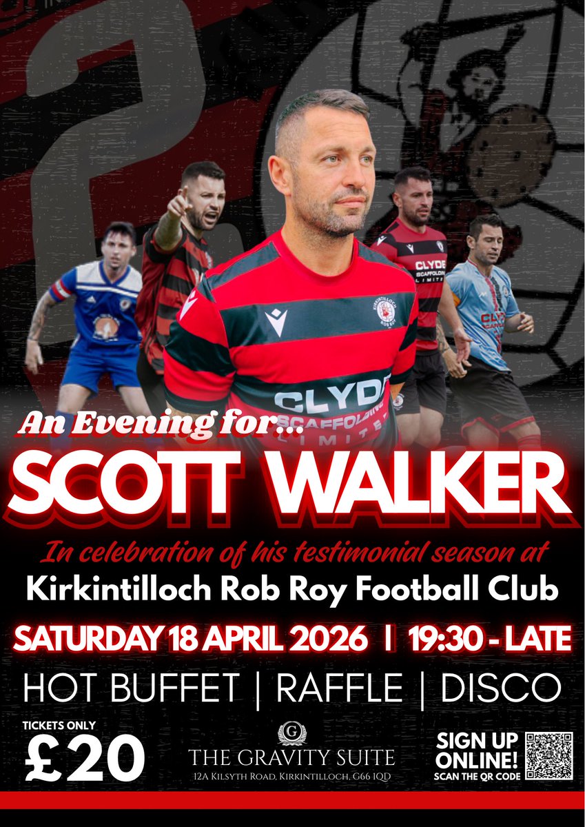 KirkyRobRoyFC's tweet photo. 🇹🇹 AN EVENING FOR SCOTT WALKER 🇹🇹

10 years.
238 appearances.
1 Club legend.
Our Captain.

Join us for an evening of entertainment and fundraising in celebration of one of Kirkintilloch Rob Roy’s most loyal servants. https://t.co/LgJpcX35Xs