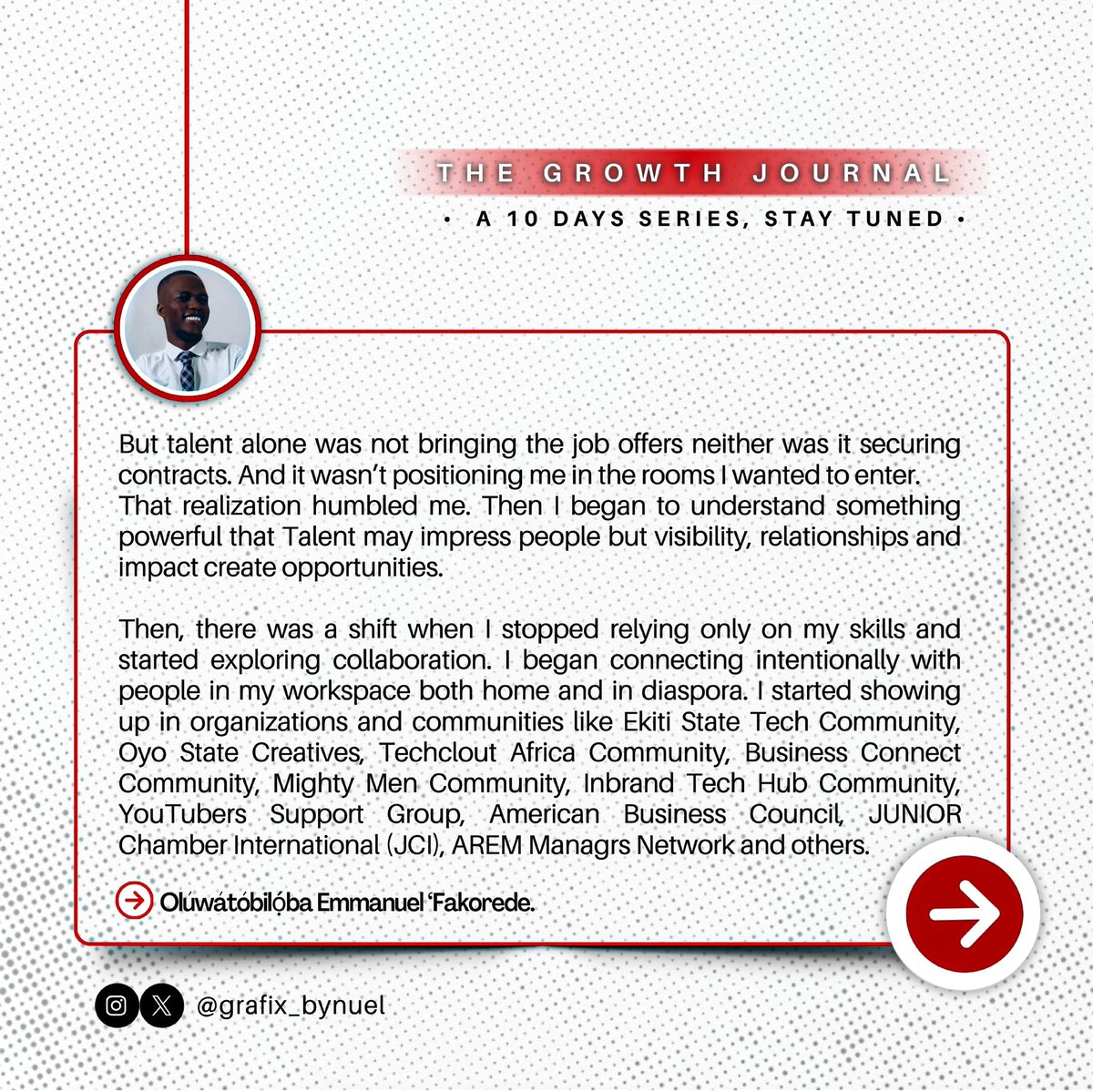 thenuelfakorede's tweet image. For a long time, I thought being creative was enough. I could think. I could design. I could execute. But growth taught me, there are some features &amp;amp; engagements needed to keep me in the opportunity room.

#TheGrowthJournal #DigitalStrategist #networking #community #grafix_bynuel