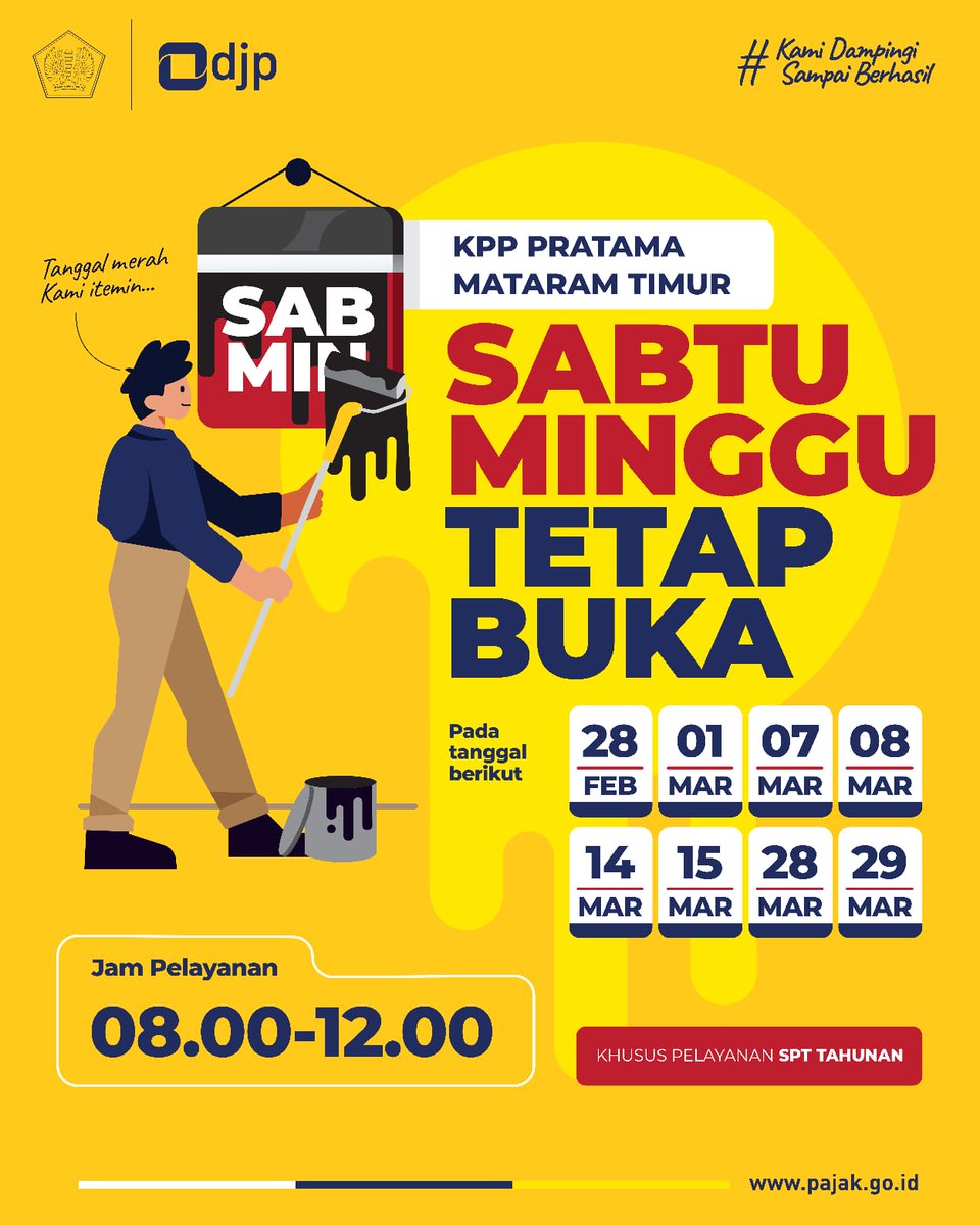 pajakmatim's tweet photo. Halo Semeton Pajak yuk laporkan SPT Tahunan 2025, Sabtu Minggu kami tetap buka✨✨✨

#semetonpajak dapat mengunjungi kami di
📍  KPP Pratama Mataram Timur
🗓️  Lihat pada postingan
⏰  08.00 s.d. 12.00 Wita https://t.co/Nem69sIOvS