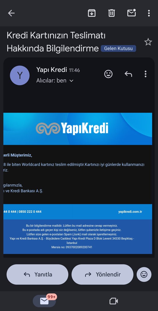 OrkunMAV's tweet photo. @YapiKredi @YapiKrediHizmet bana boyle bir e posta geldi ama boyle bir kart teslim almadim. Musteri hizmetlerini aradim yardimci olmadilar. Bu kartla yapilan harcamalardan ben sorumlu degilim https://t.co/eoIVnBda9E