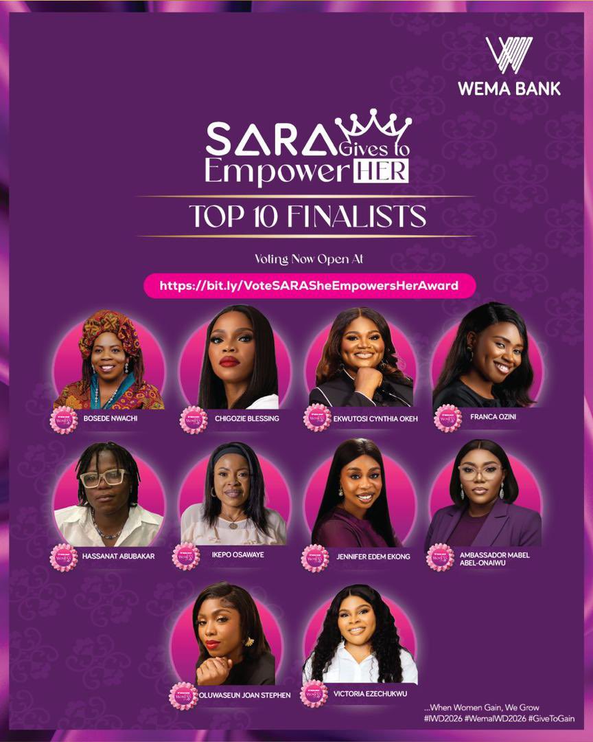 ade_babyyyyy's tweet photo. Wema Bank is proud to announce the Top 10 Finalists for the SARA Gives to Empower HER Award. Celebrating women with a proven legacy of lifting other women up. Vote for who you think deserves to be celebrated. 

Click here to vote: https://t.co/i4QMhumBLj
Voting closes in 3 days.

#WemaIWD2026 #GiveToGain