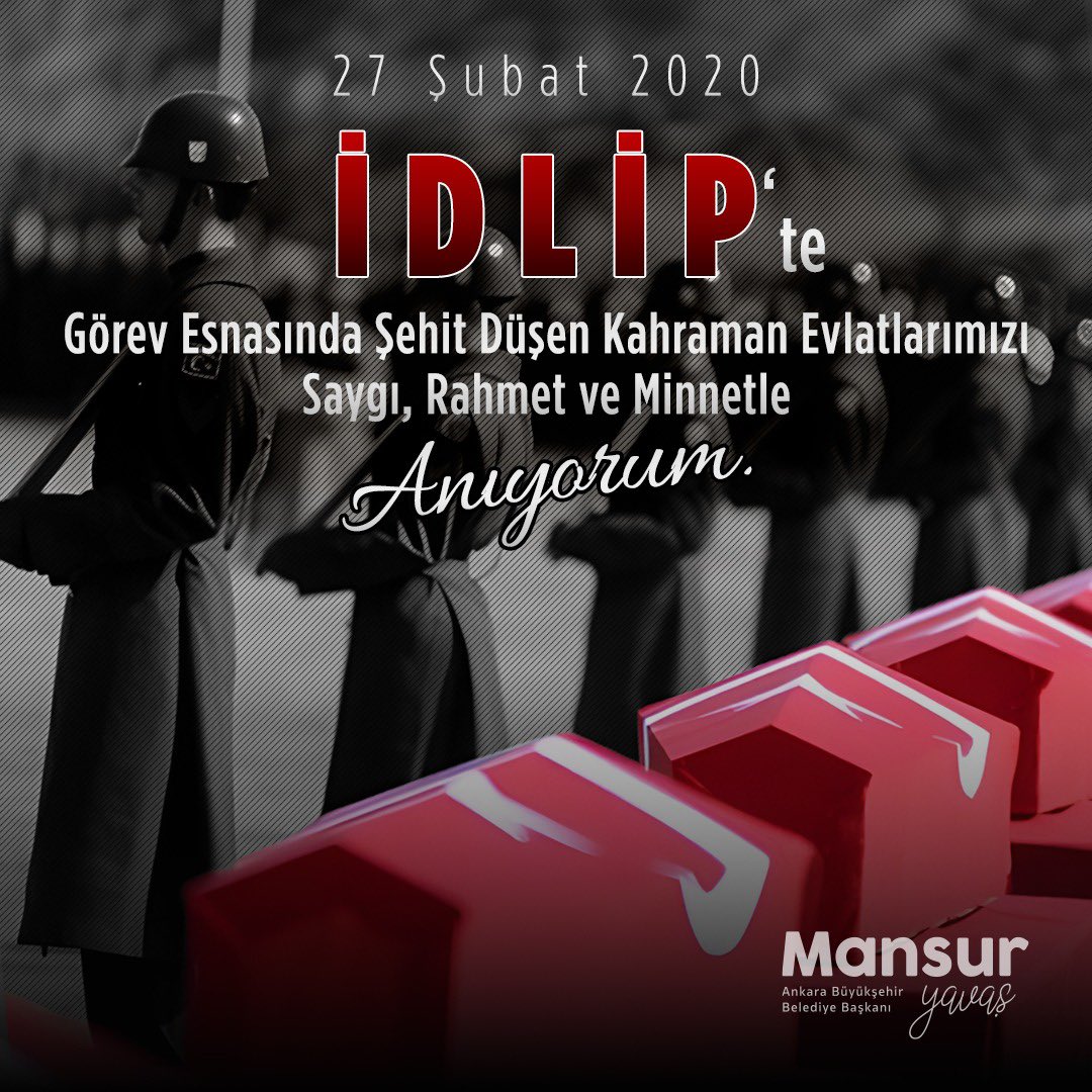 27 Şubat 2020’de İdlib’de hain saldırıda kaybettiğimiz 34 kahraman askerimizi rahmetle ve minnetle anıyorum.
Şehitlerimizin aziz hatırası önünde saygıyla eğiliyoruz. Ruhları şad, mekânları cennet olsun 🇹🇷