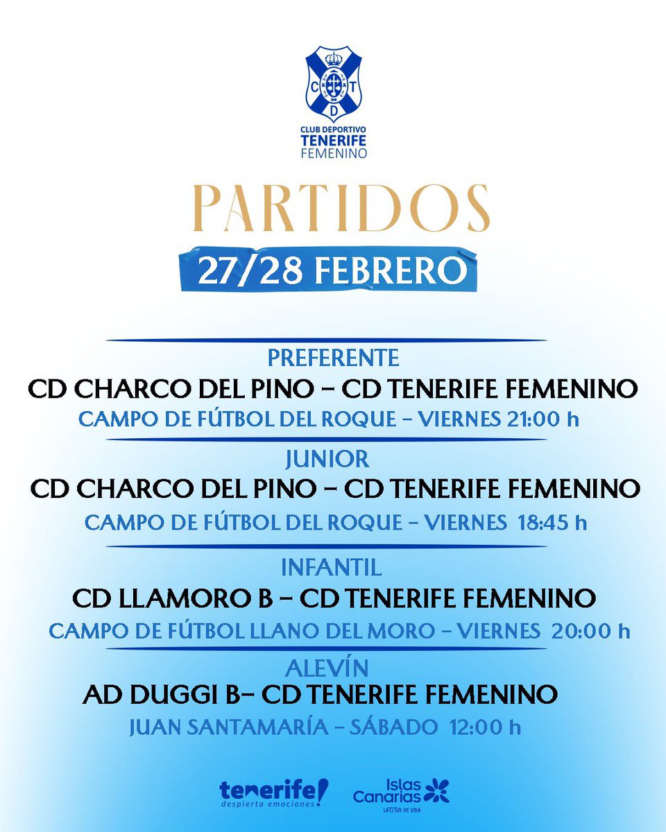 🤍💙 |PARTIDOS|

🗓️ Agenda de partidos oficiales de la cantera blanquiazul para este fin de semana ✔️

#UnMismoLatido
#CDTFemenino