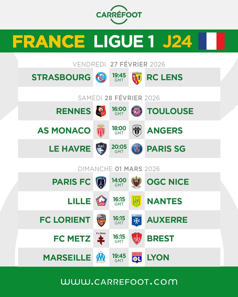 Carre_foot's tweet photo. FRANCE 🇫🇷 (LIGUE 1) : le programme des rencontres de la 24e journée !

#Ligue1 #ProgrammeJ24 #Carréfoot https://t.co/pgHJ0raLgh