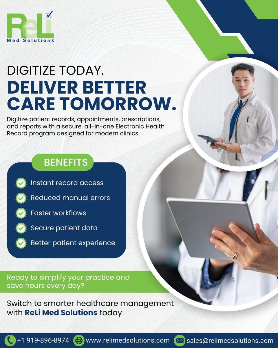 Relimed's tweet image. Upgrade your practice with ReLi Med Solutions’ secure EHR system. Say goodbye to manual errors and hello to faster, smarter workflows! Instant access, better data security, and improved patient care all in one.

#EHRSoftware #DigitalHealth #SmartHealthcare #MedicalEfficiency