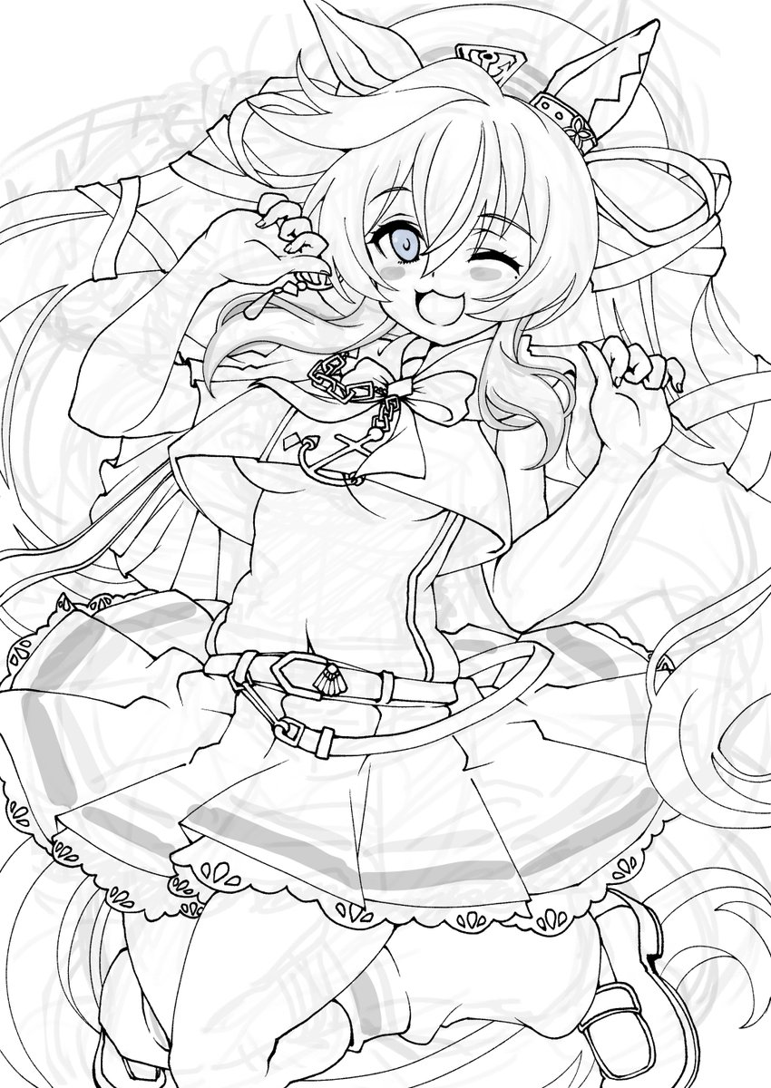 進捗状況:ペン入れ
skebでのご依頼で大人に成長し現役時代の勝負服を着たヴィヴロスを描かせていただいています
「どう?どう?私もまだまだ現役でいける～?」というイメージで描いてます
メインのペン入れが完了、線の修正・加筆・調整を加え色塗りに移ります 