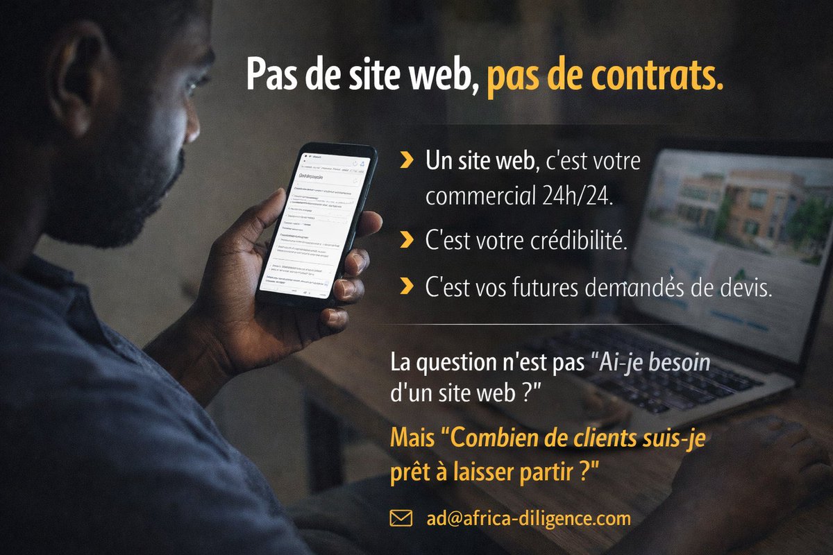 Sans site web professionnel, vous perdez des contrats sans même le savoir.
Une page Facebook ne suffit plus en 2026.

Africa Diligence crée des sites web stratégiques qui transforment les recherches en clients.

📩 ad@africa-diligence.com

#AfricaDiligence#TransformationDigitale