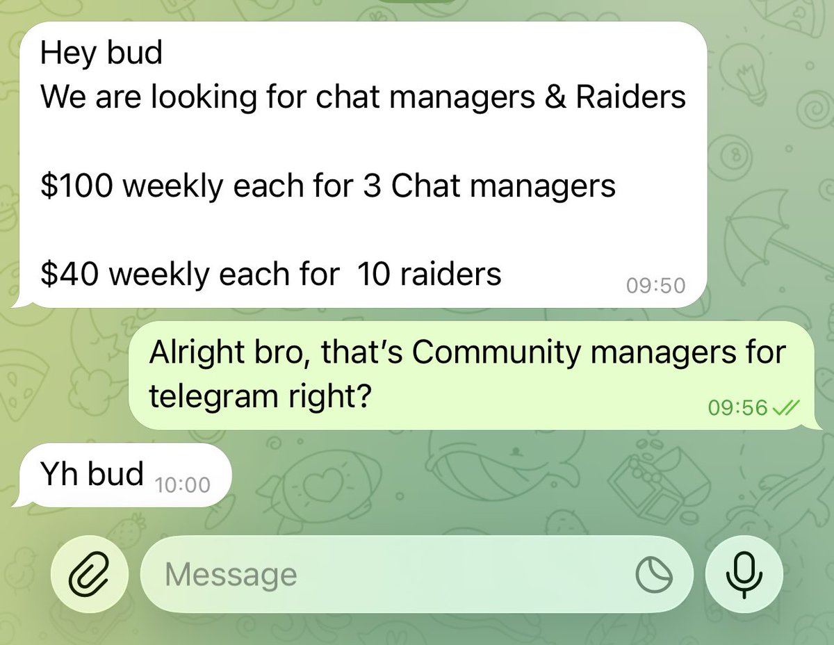 We're Hiring 🚨

3 Community managers $100 weekly
10 raiders $40 Weekly

if you're interested 
~Comment your telegram Handle
~Like &amp; Retweet 
~Tag 3 Friends
~ join👇, we are selecting in
t.me/+MMCUIvKQ4LJjZ…
Send your comment link👆48 hours🚨