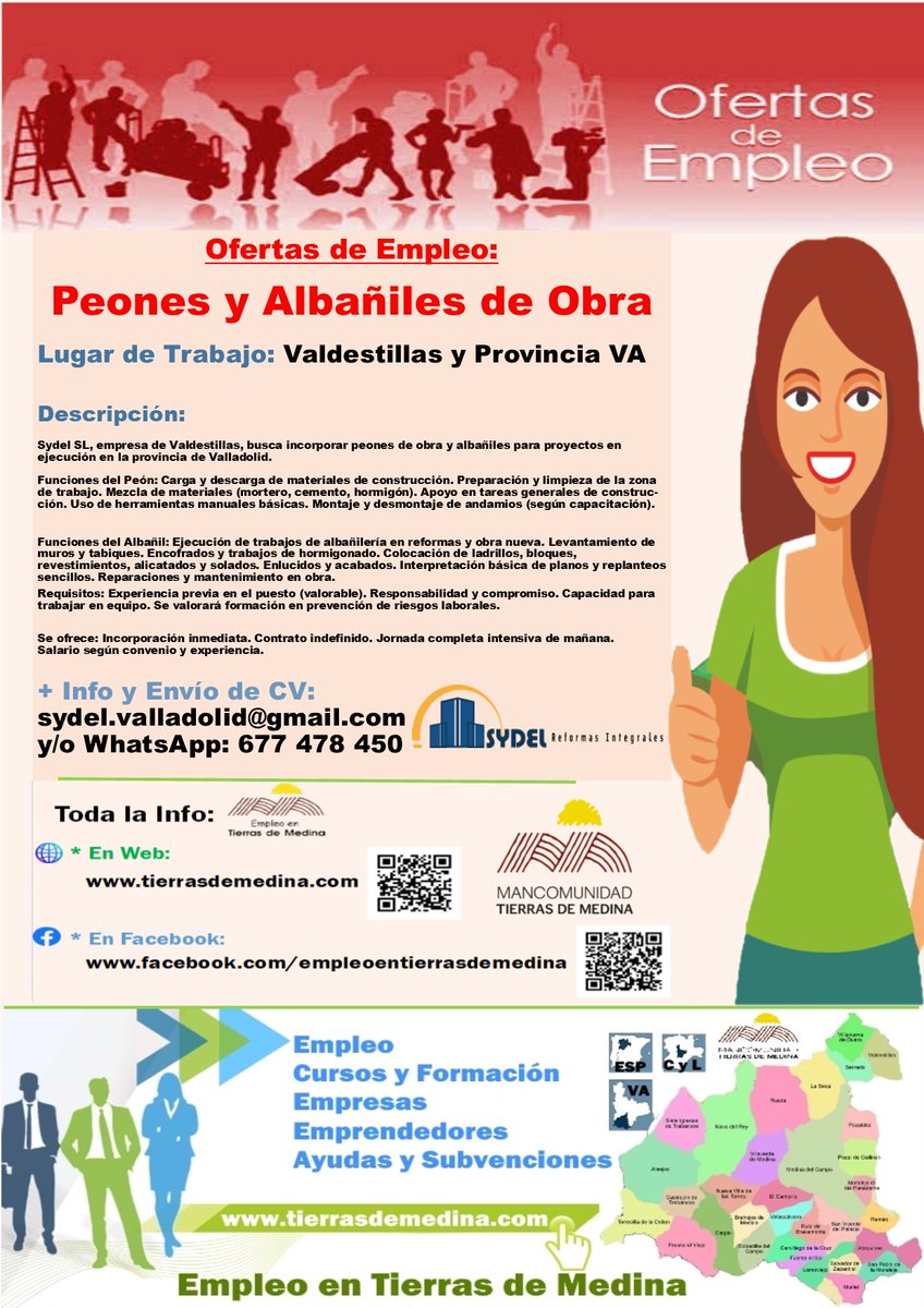 TierrasdeMedina's tweet image. Ofertas de #Empleo: #Peones y #Albañiles de #Obra en #Valdestillas y Provincia #Valladolid 

Sydel SL busca incorporar peones de obra y albañiles para proyectos en ejecución en la provincia de Valladolid

+ Info y Envío de CV: sydel.valladolid@gmail.com y/o WhatsApp: 677 478 450