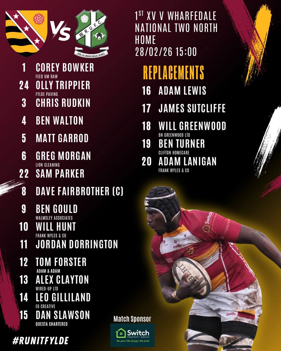 fylderugby's tweet photo. 🚨TEAM NEWS🚨
🆚 Wharfedale (H)
💪🏼 Trippier &amp; Walton into the starting pack
🔁 Slawson in for Turner
➡️ Sutcliffe &amp; Lanigan join the squad
⏰ Kick off 3.00pm
📣 Match Sponsor: Switch Property Group
#RunitFylde https://t.co/L3HYRgoPU5