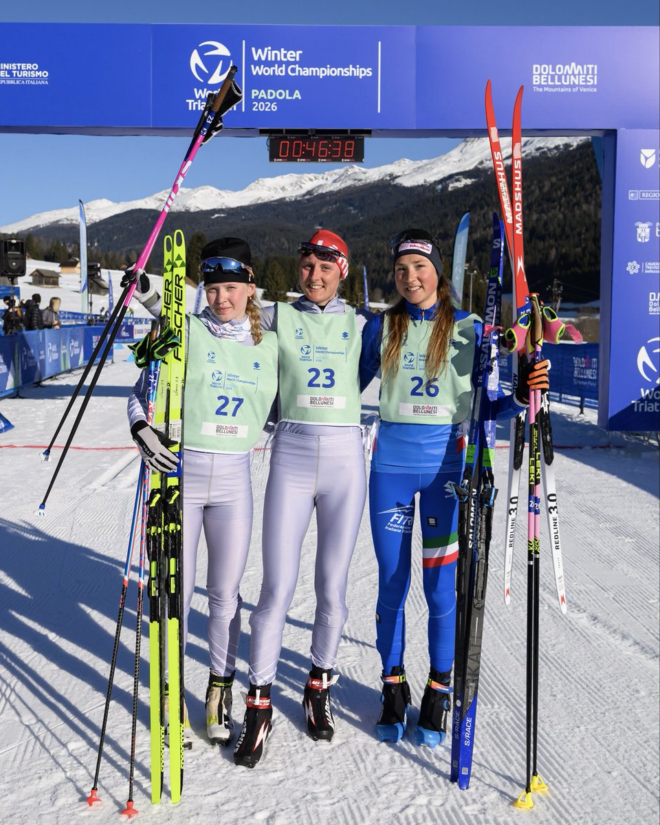 worldtriathlon's tweet photo. It’s Daria’s day 🙌

She’s backs up last years victory to claim the 2026 elite women’s World Winter Duathlon title 🔥

🥇 Daria Rogozina AIN
🥈 Alina Liagaeva AIN
🥉 Axelle Vicari 🇮🇹

#WinterChamps #Multisport https://t.co/yqkRhW7fuQ
