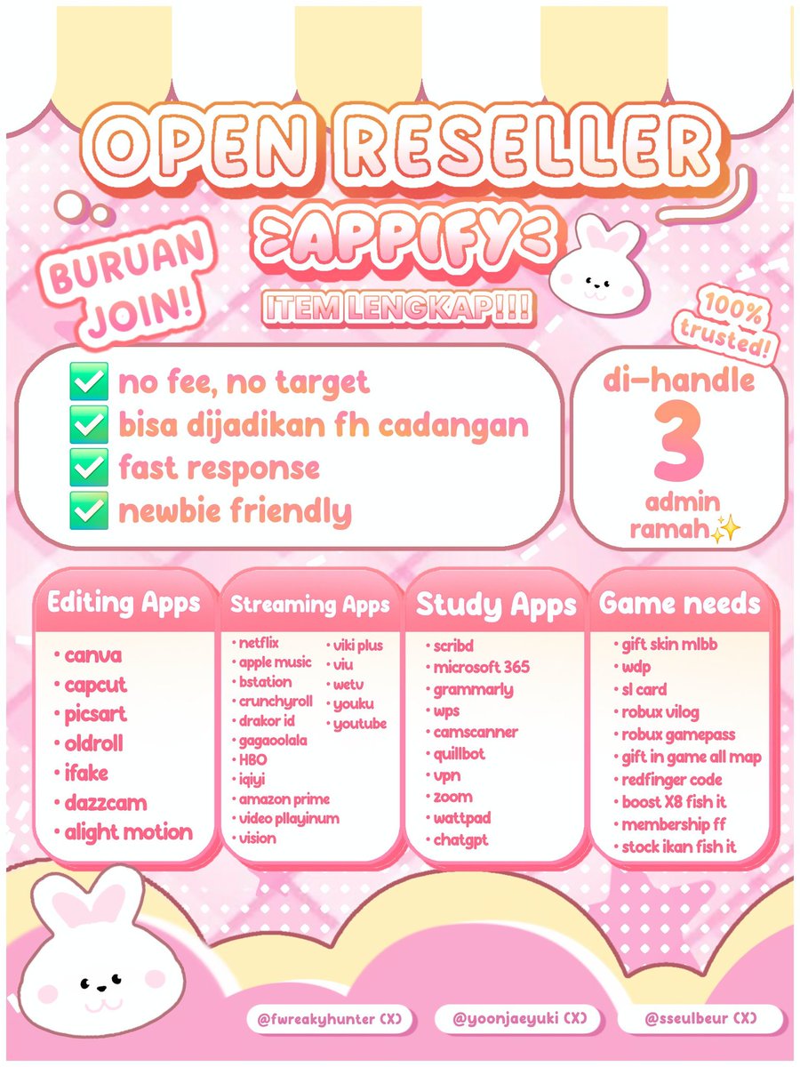 ⌗ 🍡🍓 ꒰ sweet broadcast ꒱ ˖˚｡

꒰ ⨳ hi cutiee 🎀 ꒱
haiii 🐰💗
lagi cari aplikasi premium &amp; game needs?

🥨 Appify opress nih sekarang! 🍬 
selalu ready app prem &amp; game needs🌸
join sekarang 🍰✨
✿ 🍭 no fee
✿ 🍬 no target
#zonauang #zonajajan