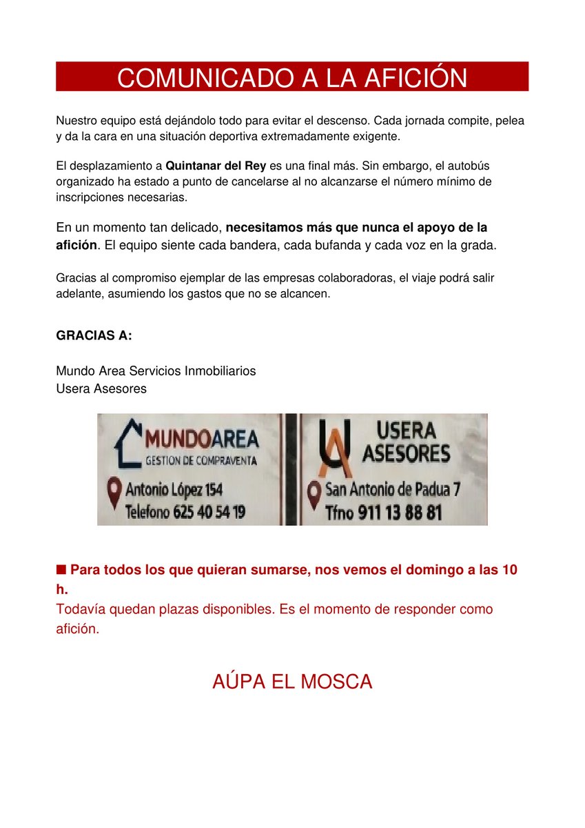 Ahora es el momento de responder. 
Un club sin masa social es insostenible en 2 RFEF. 
Vamos a darlo todo <a href="/CDCMOSCARDO_com/">CDC Moscardó</a>