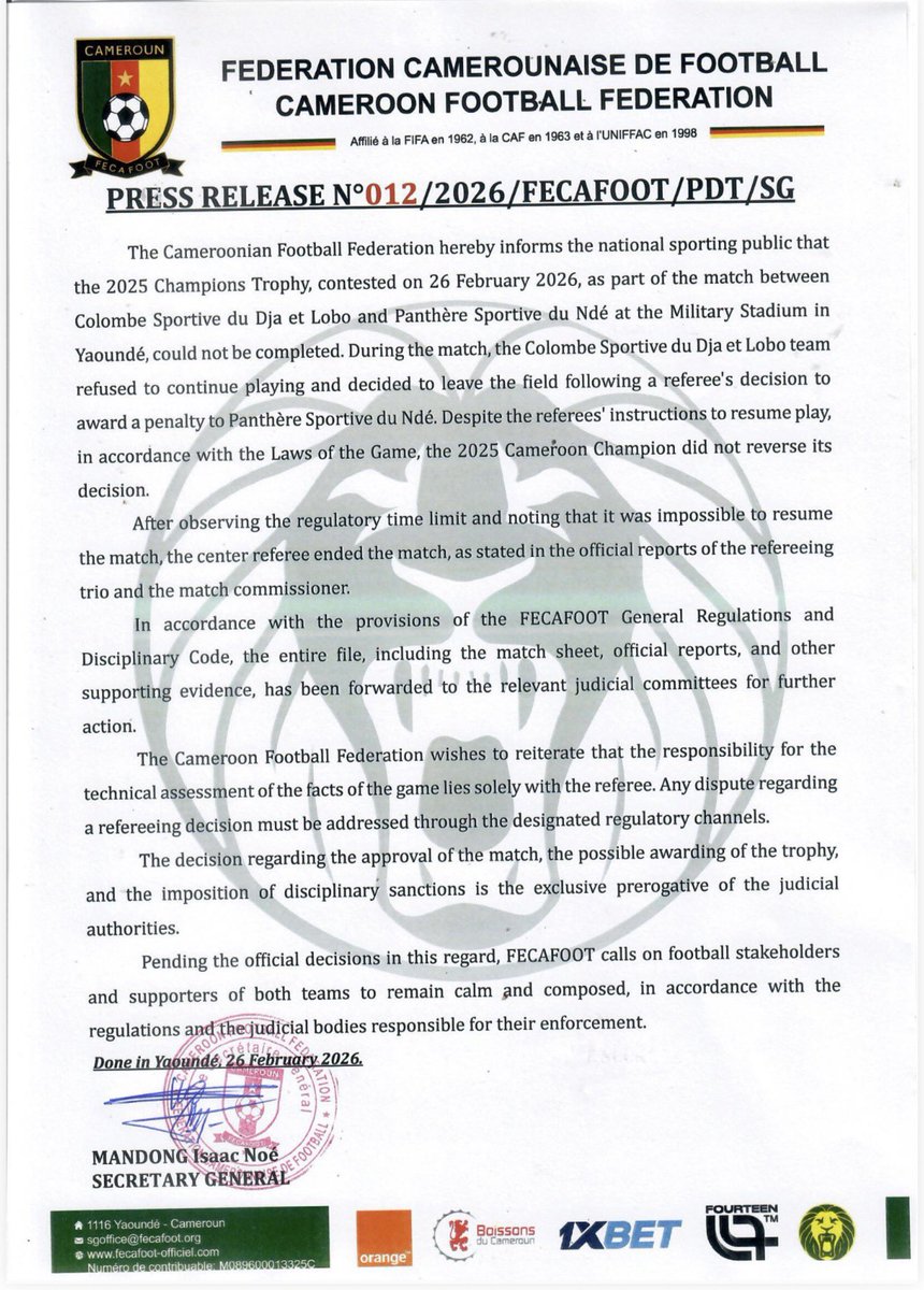 FecafootOfficie's tweet photo. ⚽️🔥 #COMMUNIQUE | #PRESSRELEASE

#COLOMBE 🆚 #PANTHERE

📅 26 février 2026
🏟️ Stade de Ngoa Ekelle 
📍 Yaoundé 

#TROPHEEDESCHAMPIONS
#TDC2026 https://t.co/eC7r8RvMAh