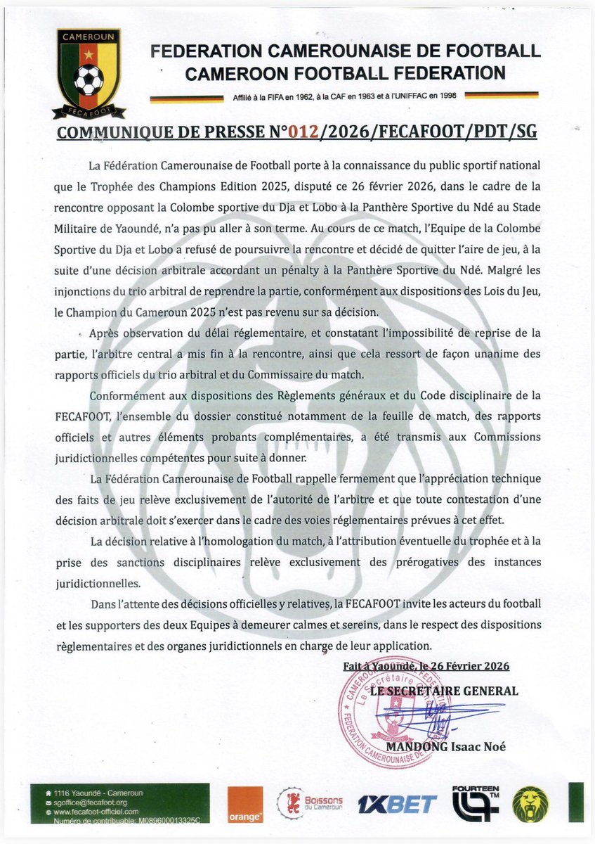 FecafootOfficie's tweet photo. ⚽️🔥 #COMMUNIQUE | #PRESSRELEASE

#COLOMBE 🆚 #PANTHERE

📅 26 février 2026
🏟️ Stade de Ngoa Ekelle 
📍 Yaoundé 

#TROPHEEDESCHAMPIONS
#TDC2026 https://t.co/eC7r8RvMAh