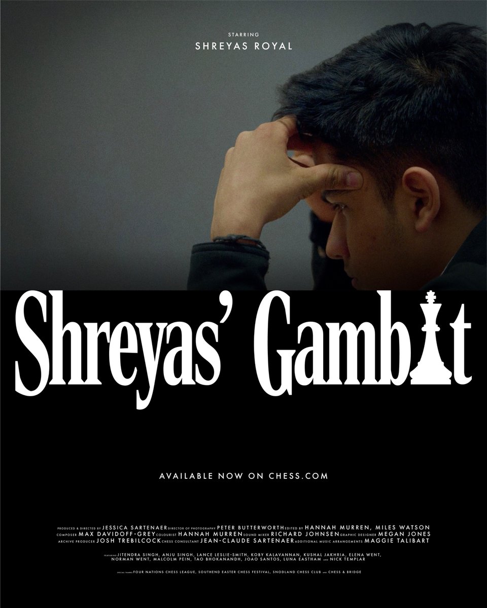 ChessAndBridge's tweet photo. Check out the Shreyas Gambit - The full documentary showing Shreyas Royal's road to Grandmaster is out NOW on YouTube!
https://t.co/mAoBaojmO3
#Chess #chessmaster #chesslover #chessplayer #chessstore #chessshop #chesstournament https://t.co/SknvNQImMJ