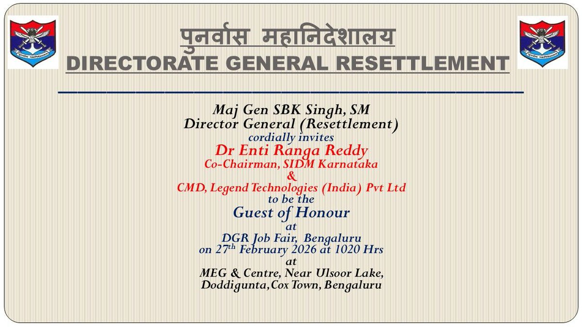 Legend_Tech's tweet photo. Enti Ranga Reddy, Co-Chairman Society of Indian Defence Manufacturers Karnataka Chapter &amp; CMD, Legend Technologies attended as Guest of Honour at Job Fair for Armed Forces Veterans organised by the Directorate General Resettlement in Bengaluru supporting career opportunities. https://t.co/9fZevD1biX