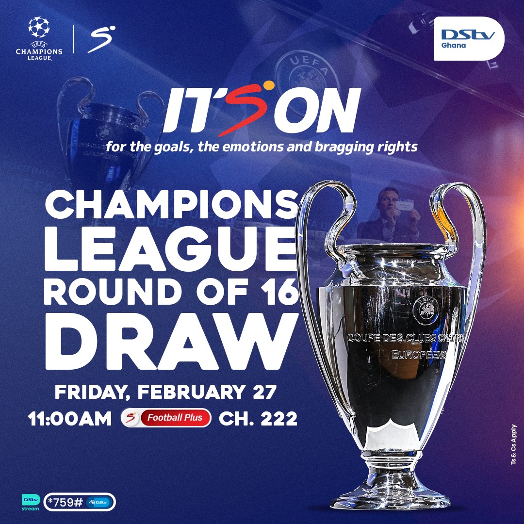 DStv_Ghana's tweet image. It’s Draw Day! 🎱 🔥
The #UCL Round of 16 is about to take shape.
Which matchup are you hoping for? 👀

Tune in at 11:00AM on SuperSport, CH. 222 or stream LIVE on #DStvStream!