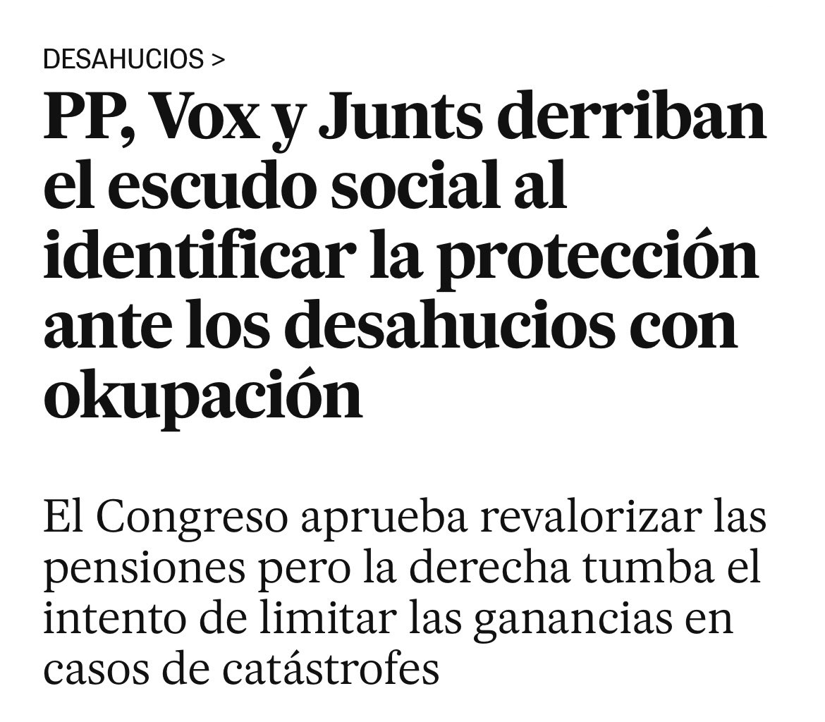 Ayer en el Congreso, el bloque rentista volvió a tumbar el escudo social.

Los fondos buitres cuentan ya con respaldo político. Tienen los votos del PP, Vox y Junts —177 en total—, los mismos que hicieron caer el escudo social.