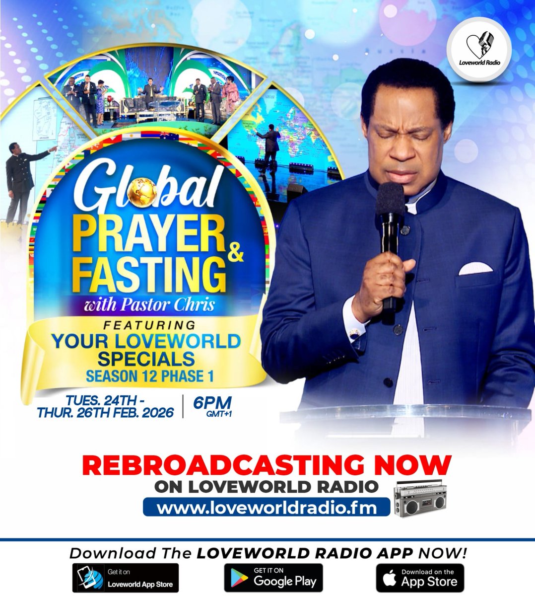REBROADCASTING NOW!

GRAND FINALE - The Global Prayer and Fasting With Pastor Chris Featuring Your Loveworld Specials Season 12 Phase 1.

Participate Live On👇
loveworldradio.fm 

Download the Loveworld Radio App

play.google.com/store/apps/det…

#Loveworldradio