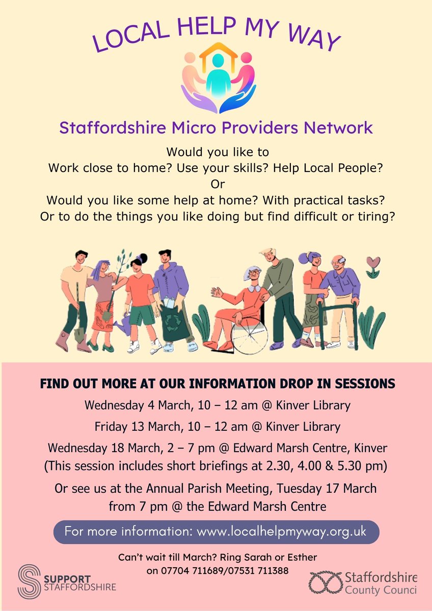 KinverLibrary's tweet photo. The team from Support Staffordshire's Local Help My Way are offering two drop-in sessions at the library in March for those who want to find out more about giving or receiving local care #MicroProviders #LocalHelpMyWay #SupportStaffordshire https://t.co/4TS2i76kmo