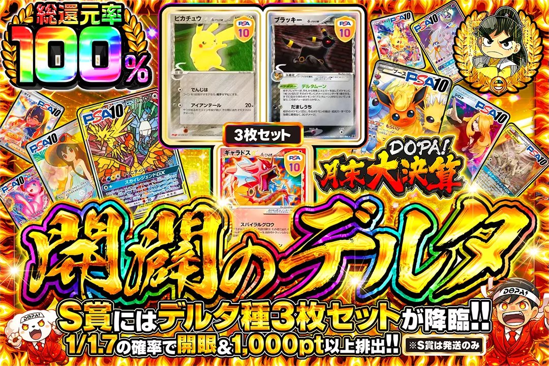 DOPA_Pokeca's tweet photo. 💰月末DOPA!大決算💰

🐉総還元率100%!!
🐉1/1.7の確率で開眼&amp;1,000pt以上排出!!
🐉S賞にはデルタ種3枚セットが降臨!!

💰開闢のデルタ💰
販売開始(https://t.co/D2uRuU4xlF)

フォロー&amp;RP&amp;いいねで
1名様に2,000ptプレゼント🎁
〆切 24時 https://t.co/diDqIscPzN
