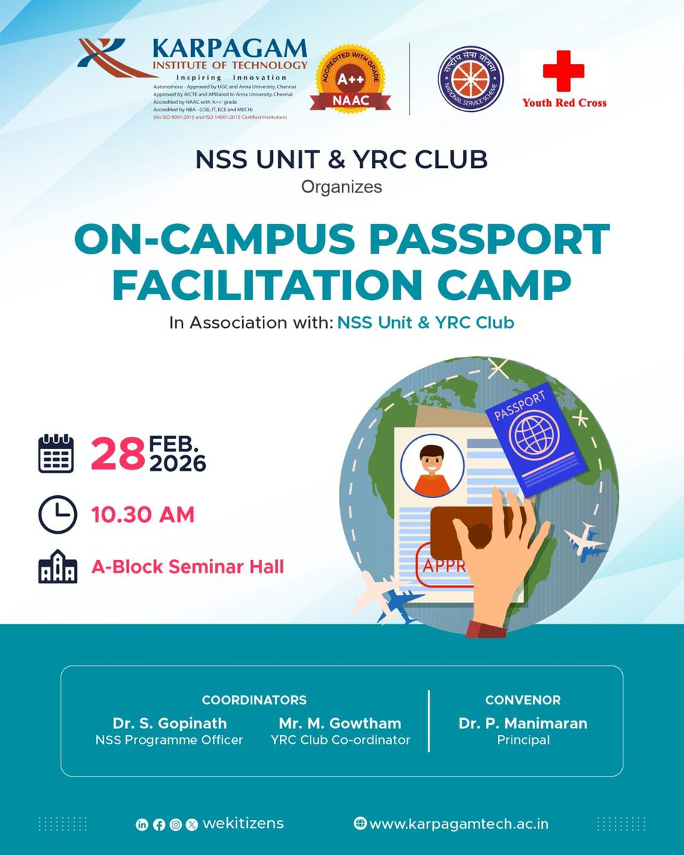 wekitizens's tweet image. Unlock your gateway to the world!

KIT NSS Unit &amp;amp; YRC Club proudly organize an On-Campus Passport Facilitation Camp to assist students and staff in applying for and processing passports with ease.

#KarpagamInstituteOfTechnology #NSSUnit #YRCClub #PassportCamp #OnCampusEvent