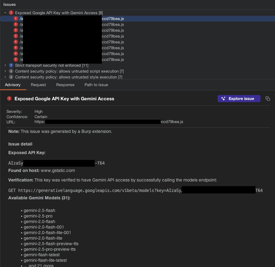 I made a Burp extension to automatically check for Maps/Gemini API key leaks, this will check to see if any keys have access to the generative language APIs and report any issues as high.

github.com/njcve/gkey-burp

#bugbounty