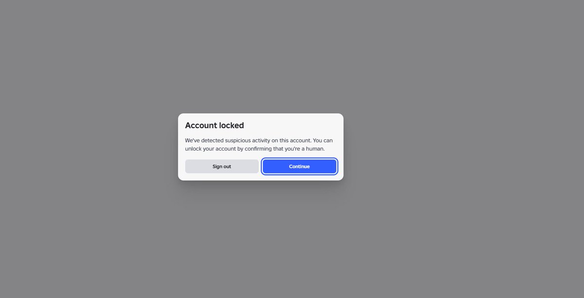 ValraSwag's tweet photo. Update they are now experimenting with completely locking your accouint if they detect bot activity.

GOSH ROBLOX I FEEL TARGETED. https://t.co/6uZfDTUrxb