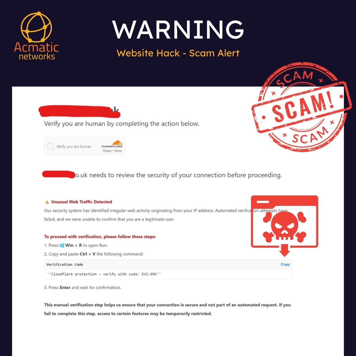AcmaticNetworks's tweet photo. 🚨 Beware of a new scam targeting UK websites with fake "Cloudflare verification" pages! These pages prompt you to run dangerous PowerShell commands. Remember, Cloudflare will never ask for this. Stay vigilant, don’t execute commands, and share this alert! #CyberSecurity https://t.co/S48T6EGNq6