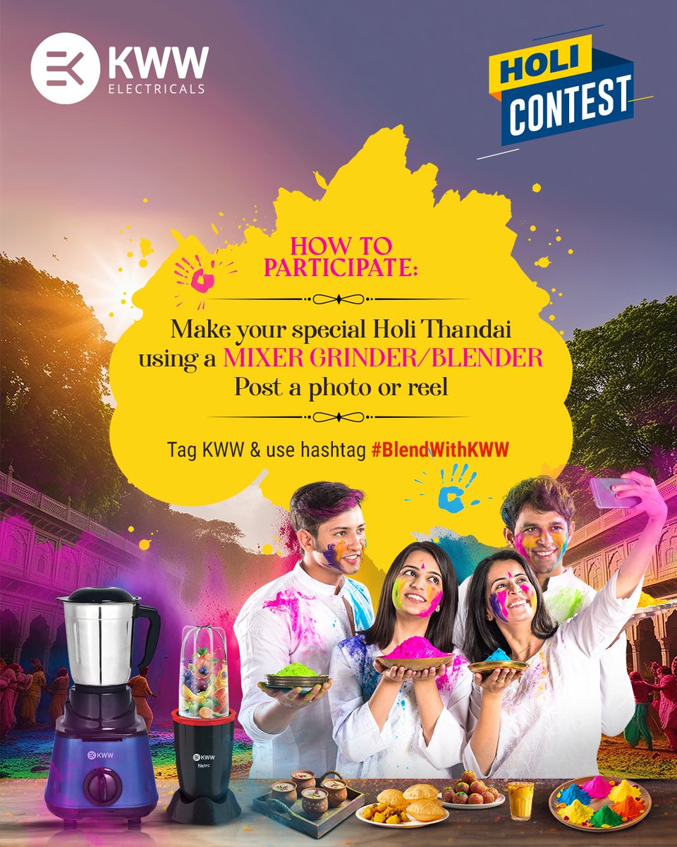 🎨✨ Holi Contest Alert! ✨🎨

🌈 Celebrate Holi with taste, colour and a chance to win! Mix your favourite Thandai using KWW mixer grinder/blender, upload a photo or reel &amp; tag KWW Electricals.

💬 Drop your entry in the comments below!

#BlendWithKWW #ContestAlert #HoliContest