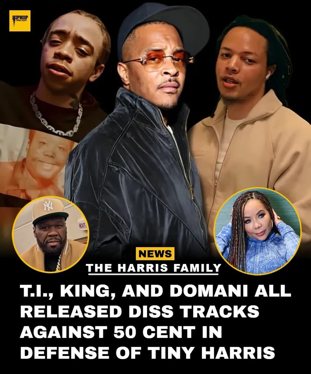 hiphopcnation's tweet image. The Harris Family is not playing with 50 Cent:

Here are the “Harris Family” diss tracks in Domani's latest response, alongside King Harris wearing a T-Shirt with 50’s mom on it, defending Momma Tiny Harris against Fif's trolling. 👀