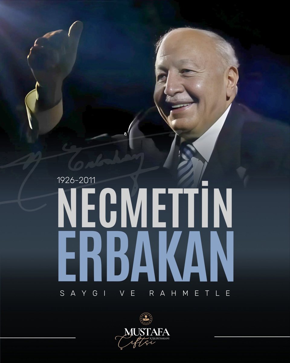 ❝Davamız büyük, imkânlarımız sınırlı olabilir; ama inancımız varsa imkânsız diye bir şey yoktur.❞
— Necmettin Erbakan

Milletimizin gönlünde müstesna bir yere sahip olan, siyaset ve fikir hayatımızda derin izler bırakan Merhum Hocamızı vefatının yıl dönümünde rahmet, minnet ve