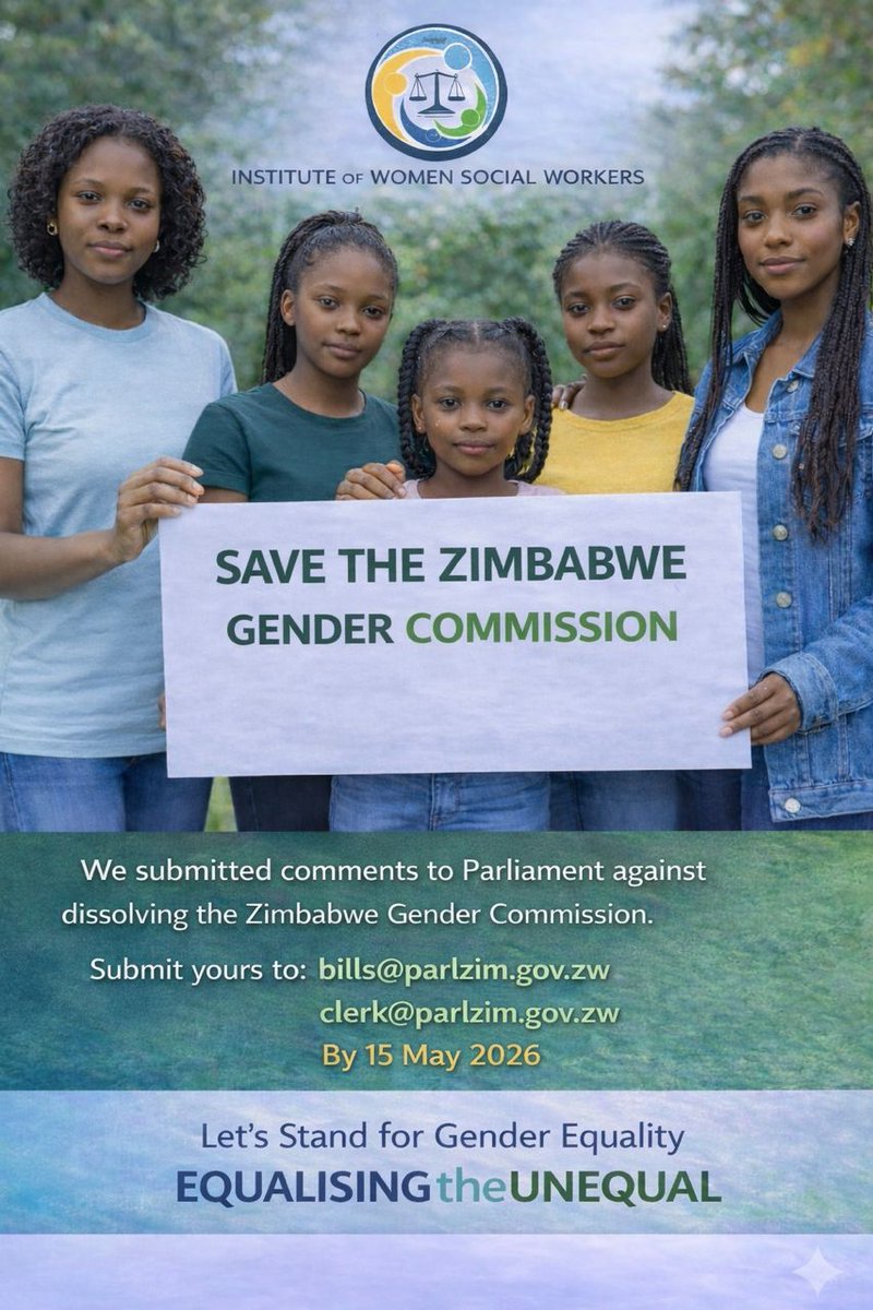 socialworkwomen's tweet photo. We have submitted our comments opposing the dissolution of the @GenderZimbabwe.
Stand with young women and girls.
Make your voice heard: bills@parlzim.gov.zw
clerk@parlzim.gov.zw

#SaveTheGenderCommission #GenderJustice #Zimbabwe https://t.co/j1a50Vl8nr