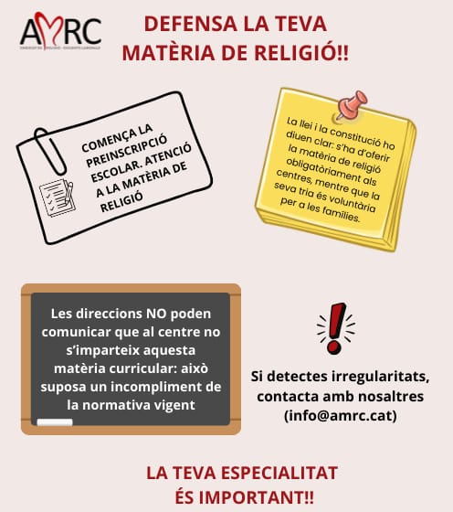 Sindicat_AMRC's tweet photo. Recorda ara a la prescripció escolar curs 26-27  que la materia de religió és d'oferta obligatoria a tots els centres @educaciocat i d'opció voluntària per les famílies. https://t.co/4lOI4ya8pw