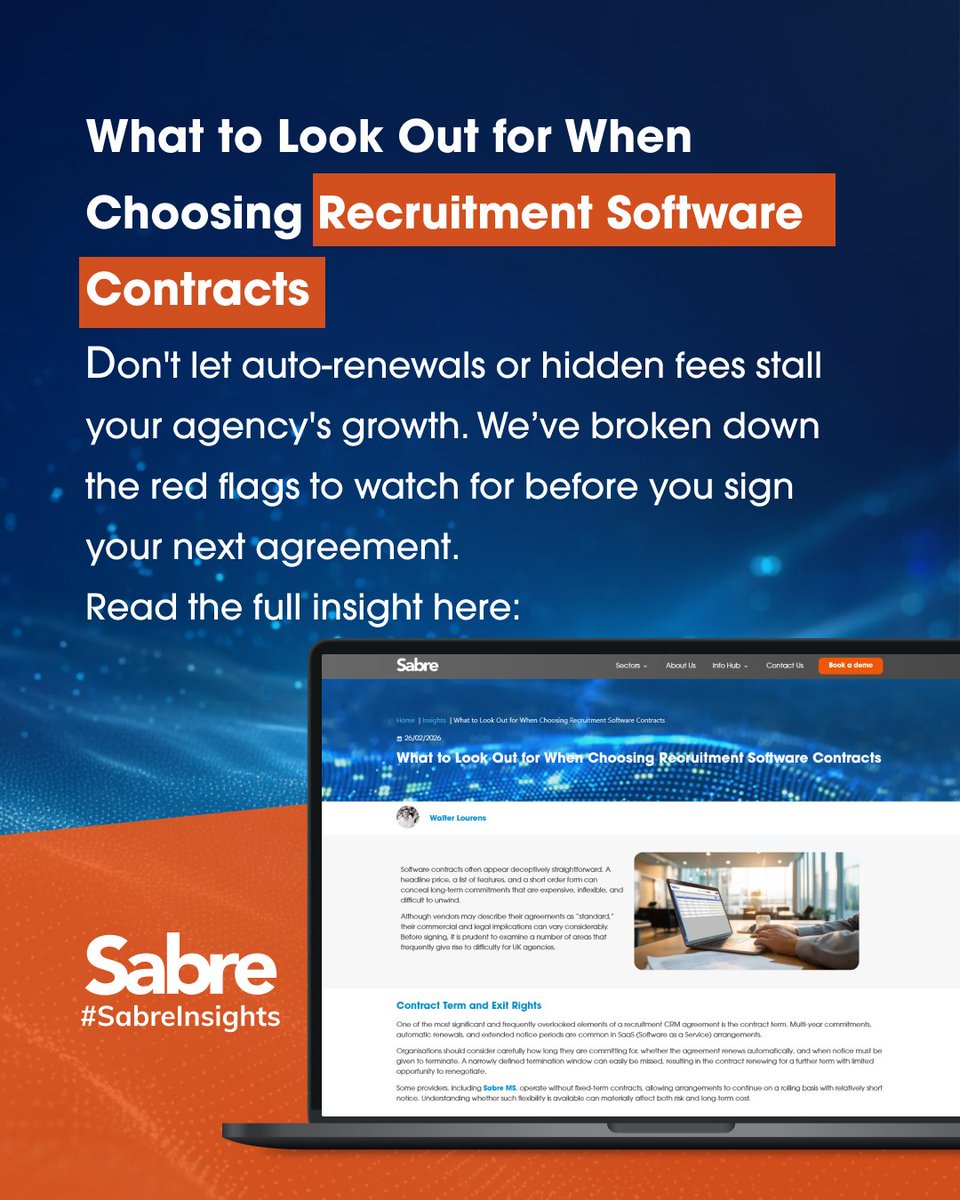sabremssoftware's tweet photo. Recruitment software contracts: Straightforward or a trap? > Hidden fees and long-term lock-ins are more common than you think. Here is what to look out for before signing.
Full guide here: https://t.co/rPpxyT0ZeC
#Recruitment #SaaS #SabreMS https://t.co/4Ovnyd5Oh0