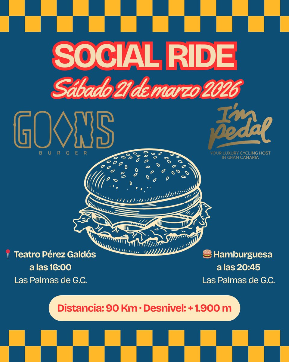 gctribikerun's tweet photo. ¿Con ganas de una #SocialRide? #ImPedal tiene la siguiente preparada 😉🚴♂️
El 21 de marzo disfruta de 90 kilómetros de ruta con otros aficionados del ciclismo y cierra la jornada con unas hamburguesas 🍔🤩
Inscripciones 👉 https://t.co/sSOINQVR4J
#GCTriBikeRun #GranCanaria https://t.co/9yoAnVhDCH