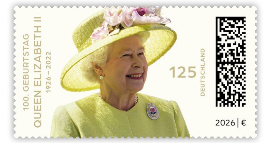 RealRoyalMail's tweet photo. What a beautiful postage stamp! This is @DeutschePostDHL‘s issue on occasion of the 100th birth anniversary of #QueenElizabethII. It‘s first day of issue is 2 April 2026. https://t.co/JnAm8U793c