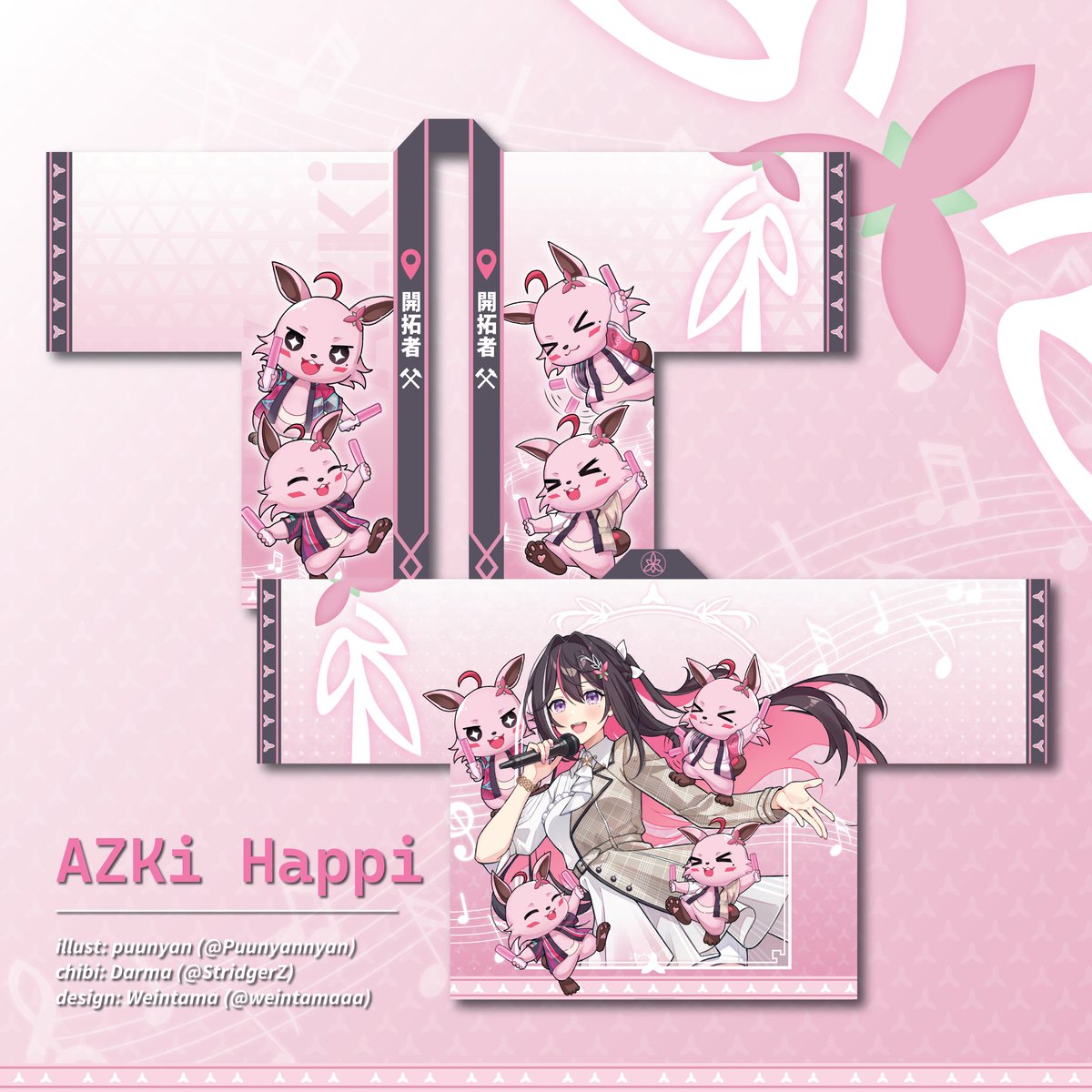 PO Fan Happi AZKi

Happi ini terinspirasi dari outfit AZKi dari V1 sampai V4, sebagai simbol bahwa kita selalu ada di setiap frontier bareng-bareng

Special thanks:
@puunyannyan - AZKi illust
<a href="/StridgerZ/">Darma | Comms Open</a> - All Kaitakusha mascot
<a href="/weintamaaa/">(ウェインタマ) Weintama ⚒️</a> - Design layout
<a href="/hi_yml/">Hilmy🌽 🥀 🍹 ⚒️ 🌠 🔥 🪞 📜 👁‍🗨 👚🐾</a> - Part of project