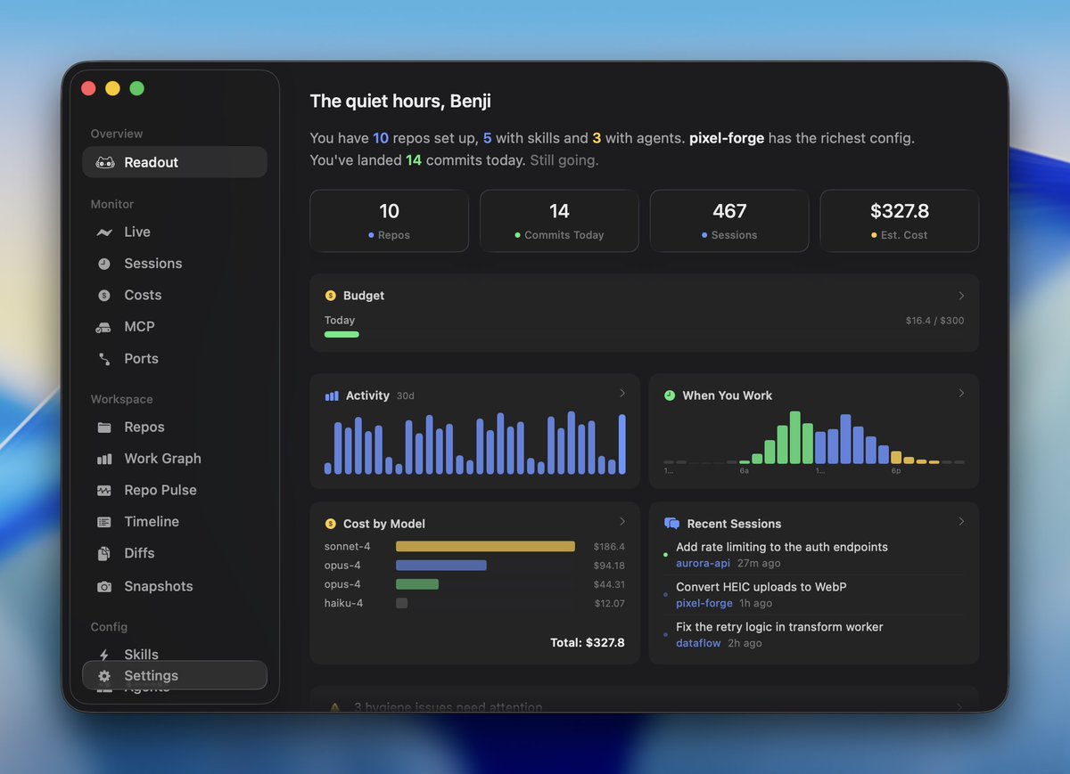 Readout is a fully native macOS app I’ve been building for myself. It provides a real-time overview of your dev environment and Claude Code config. All local, no account required. It's still very much a beta, but now available to try: readout.org