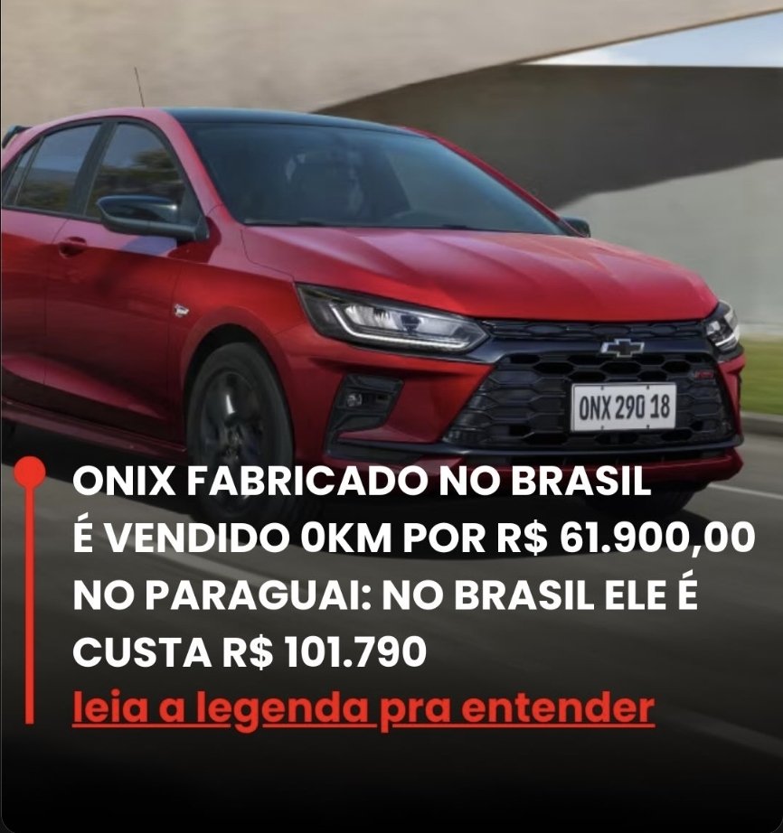 O Onix, produzido no Brasil e ex-líder de vendas, está causando indignação nas redes após um vídeo mostrar o preço do modelo zero km no Paraguai.

Enquanto aqui o hatch parte de R$ 101.790, no país vizinho ele aparece por US$ 11.990 — cerca de R$ 61.990 na cotação atual. Uma