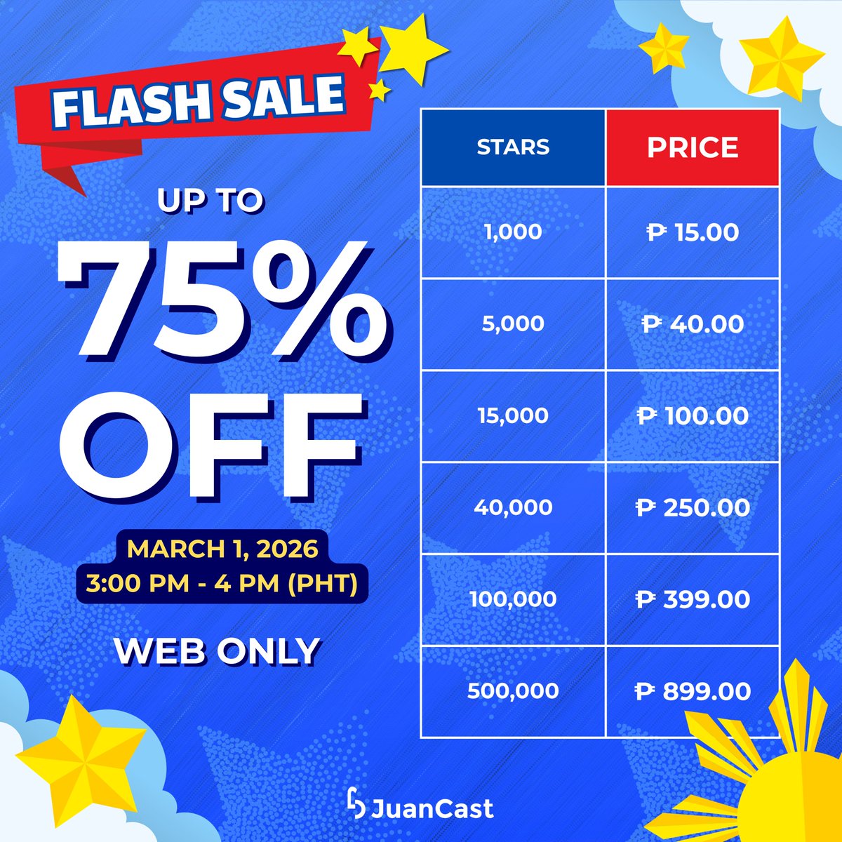 NotJuanCastPH's tweet image. FLASH SALE ALERT 📣

Set your alarms now ⏰ because tomorrow, March 1, 2026, from 3:00 PM – 4:00 PM, you can avail your stars at 75% off via the web 💻

Isang oras lang ‘to, kaya don’t miss it!

#EveryJuansChoice #FlashSale