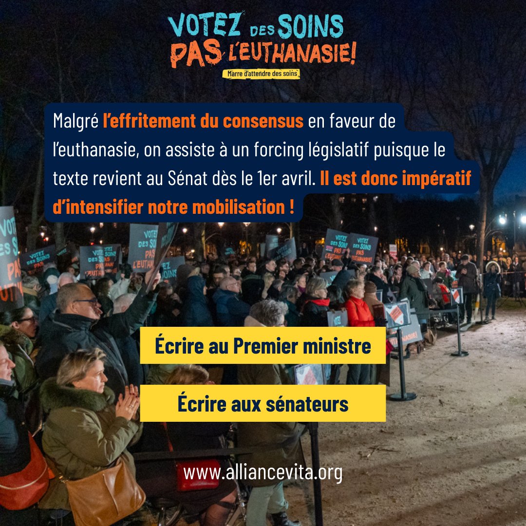 allianceVITA's tweet photo. ⚡Le 25 février, 226 députés ont rejeté la proposition de loi sur l’euthanasie et le suicide assisté, contre 199 lors de la première lecture le 27 mai dernier.

Au fil des débats, les voix montent contre ce basculement majeur : c’est le signe clair que notre mobilisation porte ses fruits.

🚨 Malgré l’effritement du consensus en faveur de l’euthanasie, on assiste à un forcing législatif puisque le texte revient au Sénat dès le 1er avril.
📣Il est donc impératif d’intensifier notre mobilisation !

🔗Ecrivez au premier ministre et aux sénateurs en vous rendant sur notre site Internet
https://t.co/xKjUQTLdH6.

#dessoinspasleuthanasie #findevie #euthanasie