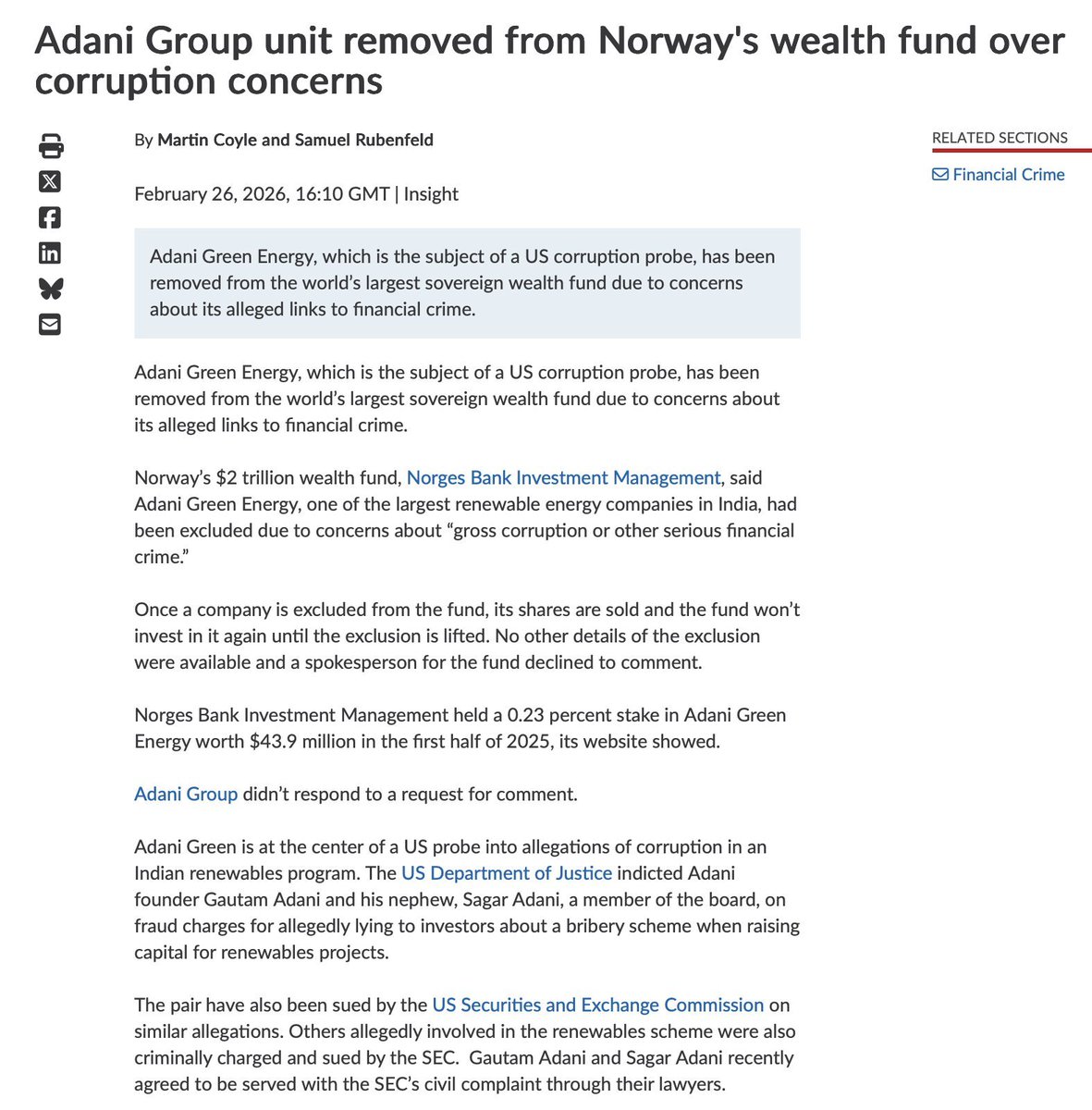 🔴 BREAKING 🔴

NORWAY EXPOSES ADANI: $2 TRILLION FUND THROWS OUT ADANI GREEN ENERGY OVER CORRUPTION! 🔥

Norway Booted Adani Green Energy from the World’s Largest Sovereign Wealth Fund over "Gross corruption" and US probe links.

But in India?
"No Corruption."
Supreme Court -